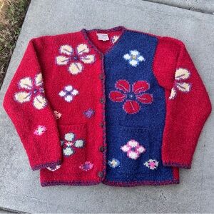VTG Purple Mountain Hand-Knit Floral Print Cardigan